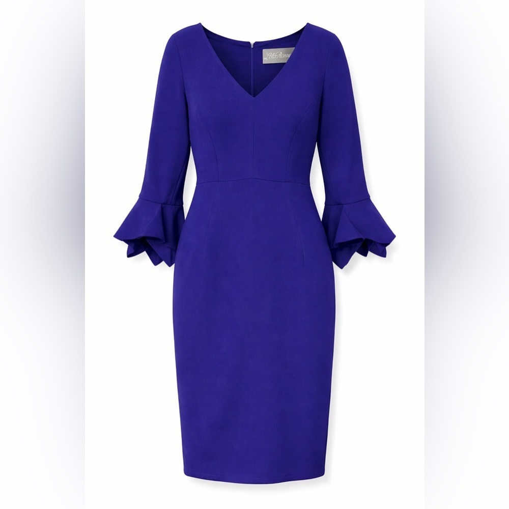 Lela Rose Bell Sleeve Sheath Midi Dress Blue Royal Size 6 Cocktail Wedding Guest